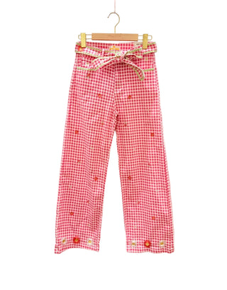 Pantalon fleurs imprimé vichy rose