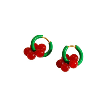 Boucles créoles vertes - fleurs rouges